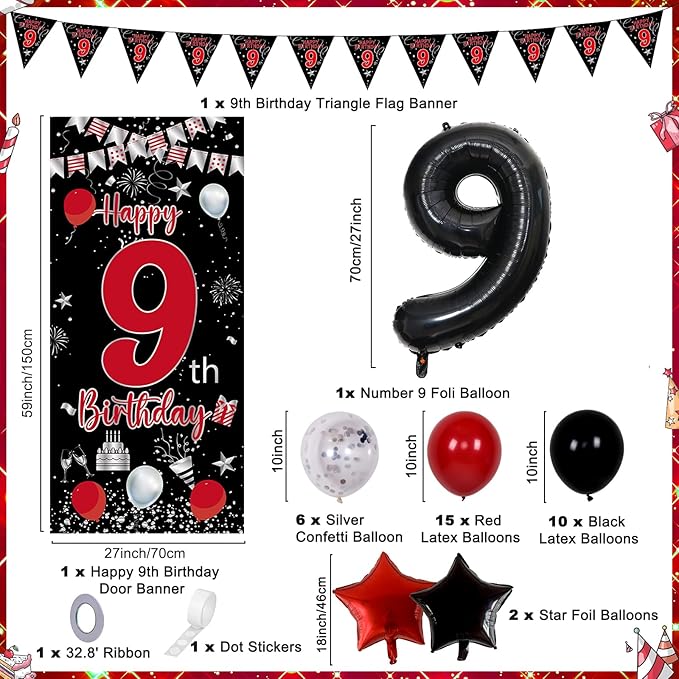 9th Birthday Decorations for Boys Girls, Red Black Happy 9th Birthday Decorations, Boy 9 Year Old Bday Door Banner, Triangle Flag, Large Number 9 Balloons Bday Party Decoration for Kids