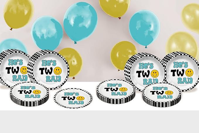 Two Rad Smiley Face Second Birthday - 32 Piece Disposable Party Supplies - Decorations for 2nd Birthday Round Party Plates - Large 9" Paper Plates In Bulk
