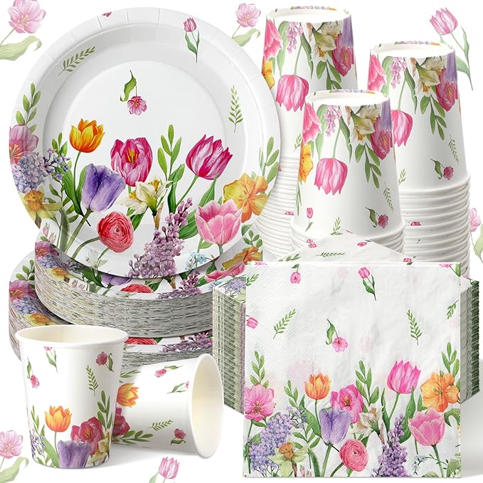 Hsei 250 Pcs Tulip Floral Plates and Napkins Party decorations Disposable Tableware Sets Baby Shower Birthday Party Supplies Serves 50 Guests Dinnerware Baby Bridal Shower Party Favors