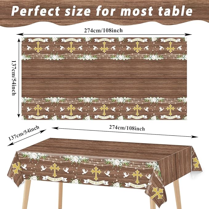 3 PCS God Bless Baptism Tablecloths - Decoration for First Holy Communion, Christening, Newborn Baby Shower Theme Supplies - Plastic Table Cover - Rustic Wood Floral Party Favors