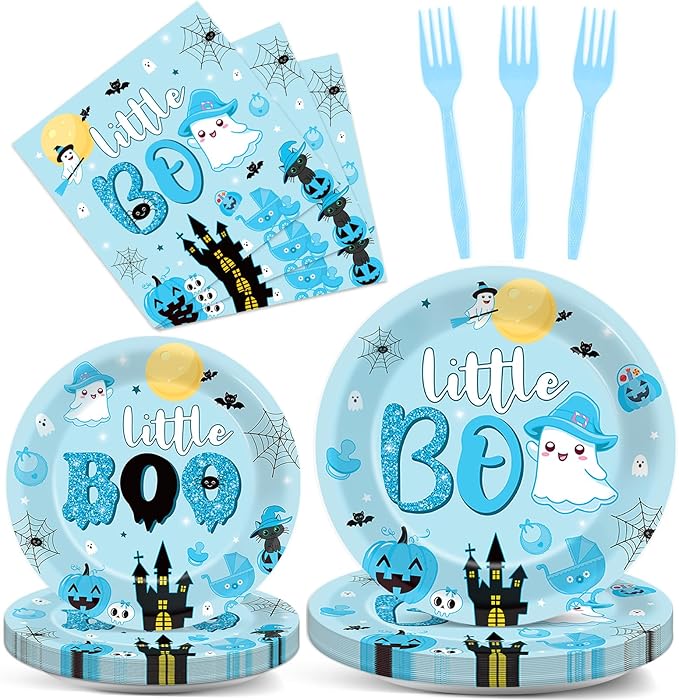96PCS Halloween Little Boo Baby Shower Plates and Napkins for Boo baby shower Decorations Disposable Blue and Black Dinnerware Plates Napkins Forks for Halloween Party Favors