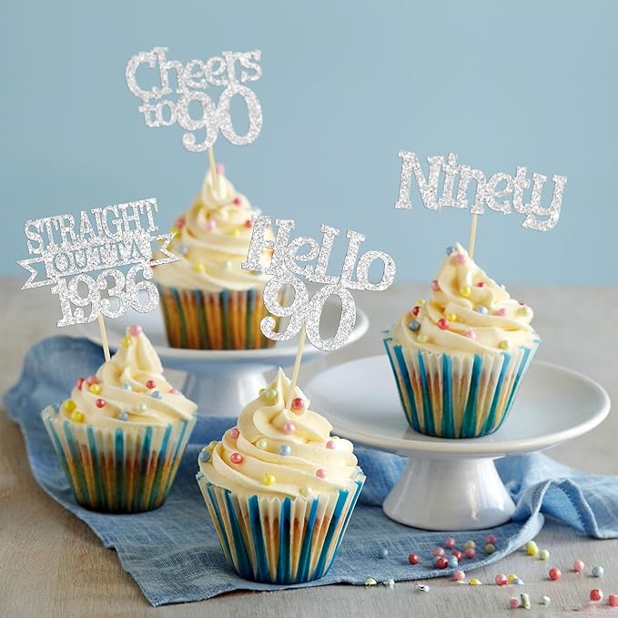 Ephlyn 24Pcs Happy 90th Birthday Cupcake Toppers Glitter Straight Outta 1936 Cupcake Picks Hello 90 Cheers to 90 Years Birthday Cake Decorations for 90th Birthday Anniversary Party Supplies Silver