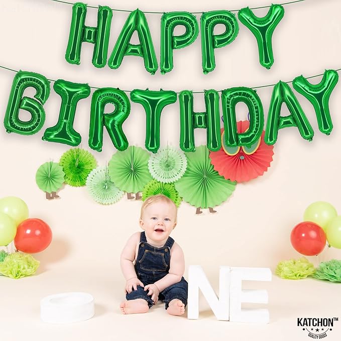 KatchOn, Green Happy Birthday Balloons Banner 16 Inch Mylar Foil Letters Birthday Sign Banner Bunting Reusable for Girls Boys Kids & Adults Birthday Decorations and Graduation Party Supplies
