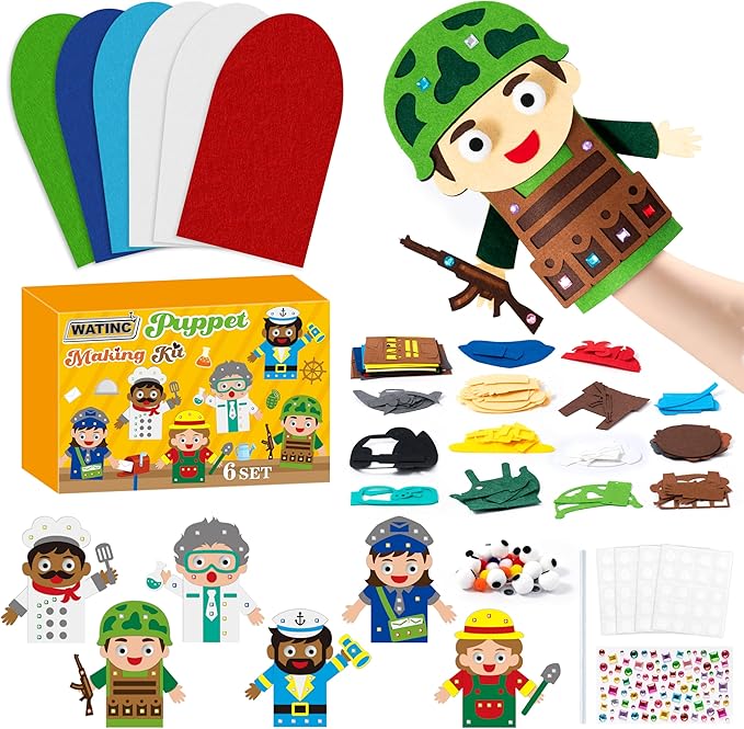 WATINC 6Pcs Hand Puppet Making Kit, Art Craft Felt Sock Puppet Toys, Creative DIY Make Your Own Pompoms Wiggle Googly Eyes Storytelling Role Play Party Supplies Gift for Girls Boys (Career B)