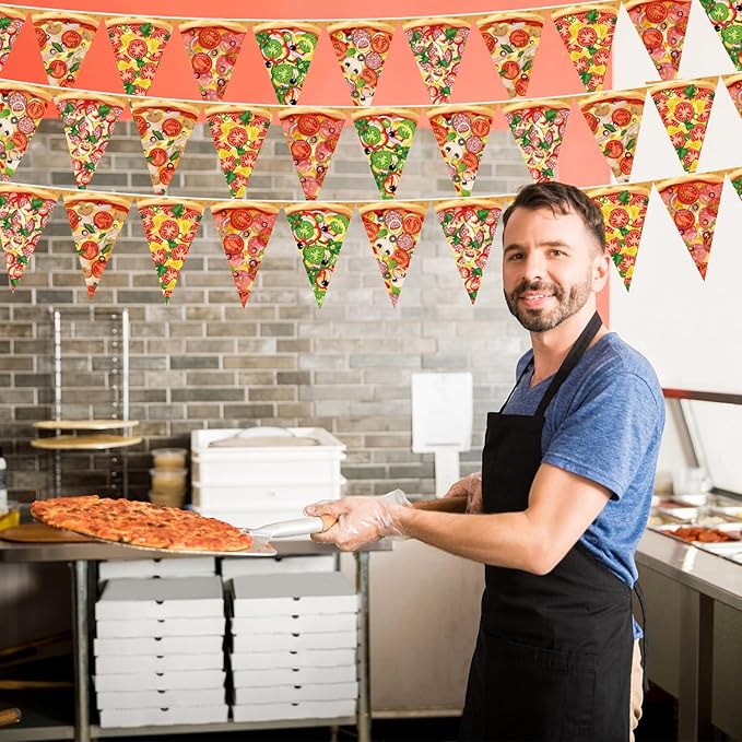 HESTYA 5 Pcs 49 Ft Pizza Party Decorations Pennant Banner Pre-Assembled Pizza Triangle Flag Bunting Garland for Themed Birthday Bachelorette Party Supplies Fast Food Theme Decorations