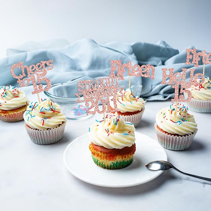 Ephlyn 24Pcs 15th Birthday Cupcake Toppers Glitter Straight Outta 2011 Cupcake Picks Hello 15 Cheers to 15 Years Cake Decorations for 15th Birthday Anniversary Party Decorations Supplies Rose Gold