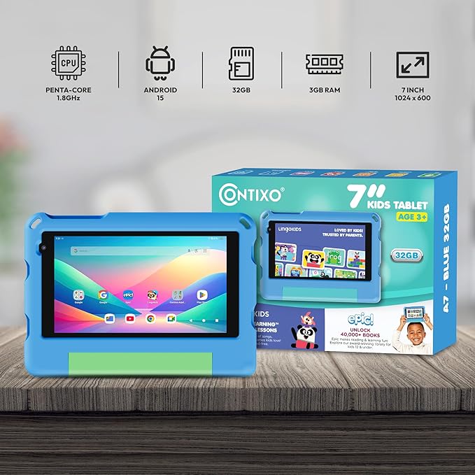 Contixo A7 Kids Tablet with 14 Apps, Lingokids & Epic, 7" HD Screen, Android 15, Parental Controls, WiFi, 3+32GB Storage, al Tablet for Kids Ages 3-12, Boys & Girls Gift, Blue