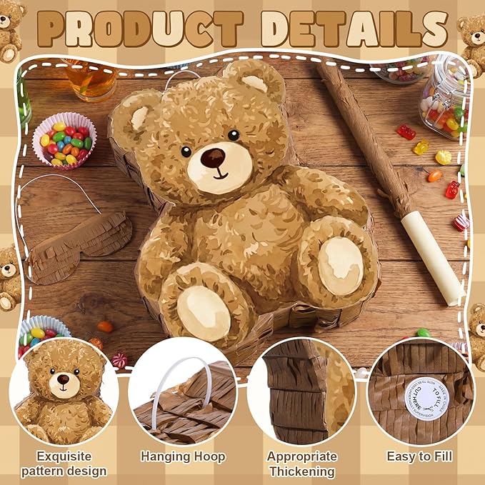 Bear Piñata Birthday Party Decorations Animal Birthday Party Supplies Brown Piñata with Blindfold Stick for Boys Girls Kids Valentine Baby Shower Decor Supplies Favors
