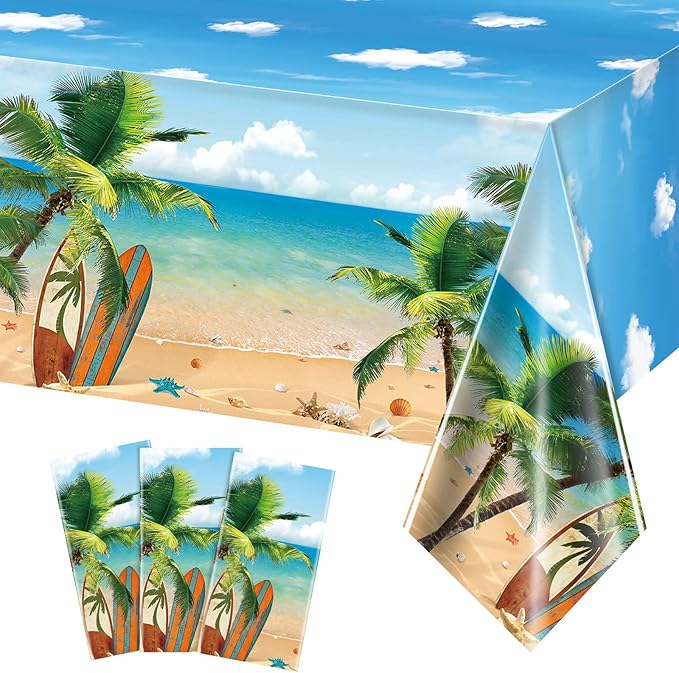 Tiamon 3 Pieces Summer Beach Tablecloths Plastic Hawaiian Party Table Cover Luau Palm Leaves Tropical Beach Tablecloth for Summer Ocean Sea Pool Birthday Party Supplies, 54 x 108 Inches
