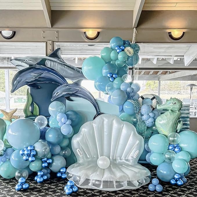 Ocean Themed Party Balloons, 12 Inches Turquoise Teal Blue Clear Metallic Balloons for Ocean Shark Sea Themed Pool Party Baby Shower Birthday Beach Decorations