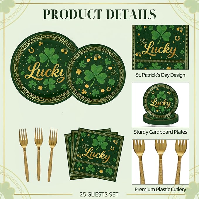 100 Pcs St. Patrick's Day Tableware Party Supplies, Serves 25, Disposable Green Clover and Lucky Design Paper Plates, Napkins, and Gold Forks, St. Paddy's Day Dinner, Irish or Spring Decorations