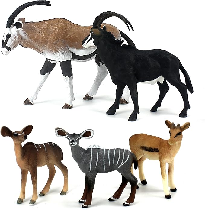 FUNSHOWCASE African Jungle Wild Animals Toy Antelopes Figure Realistic Plastic Figurine Gifts for Kids, Cake Topper, Playset Lot 5-Piece