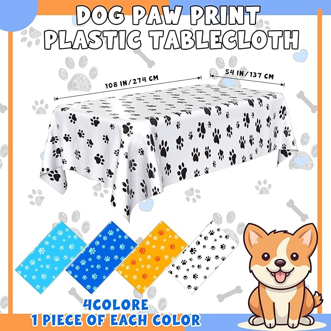 4 Pack Puppy Dog Pet Paw Print Plastic Tablecloth 54 x 108 Inches Dark Blue Orange Table Cover Paw Print Disposable Rectangle Table Cover for Pet Blue Dog Birthday Party Supplies