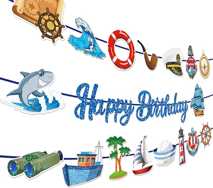 CC HOME 3Pcs Sailing Navigation Happy Birthday Banner Pirate Navy Party Hanging Banner Career Theme Birthday Bridal Wedding Baby Shower Boys Girls Kids Home Classroom Party Supplies Decorations