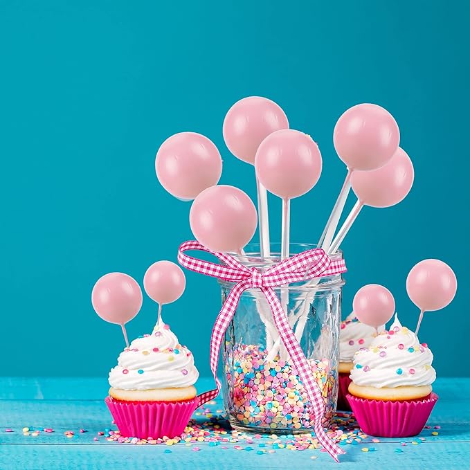 Gyufise 30Pcs Balls Cake Topper DIY Cake Insert Toppers Ball Cake Picks Cupcake Topper for Birthday Party Baby Shower Wedding Cake Decoration Pink