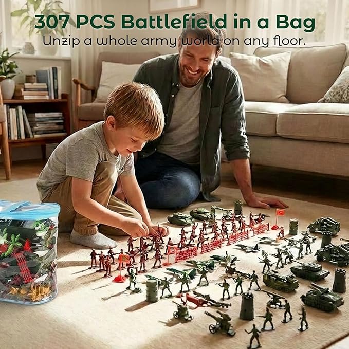 3 otters 307 Piece Army Men Military Set, Military Battle Toy Set Play Figure Playsets for Kids Boys, Plastic Soldiers with Vehicles & Accessories, for Grandkids, with Storage Container