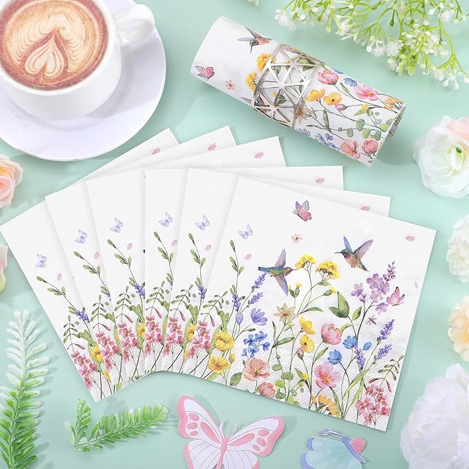100 Pcs Wildflower Napkins, 2-Ply Floral Cocktail Napkins Spring Decoupage Napkin Butterfly Hummingbird Flower Dessert Beverage Napkin for Easter Baby Shower, Tea Party