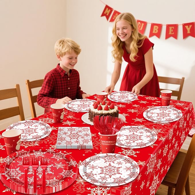 Christmas Snowflakes Plates Set for 20 Guests, Including Red Snowflakes Tablecloth, Napkins, Forks and Plates for Xmas Winter Holiday New Year Party Decorations
