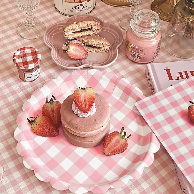96Pcs Pink Gingham Plates and Napkins Forks Lace Plaid Paper Plates for 24 Guest Picnic Wedding Baby Shower Tea Kids Birthday Party Supplies Decrations