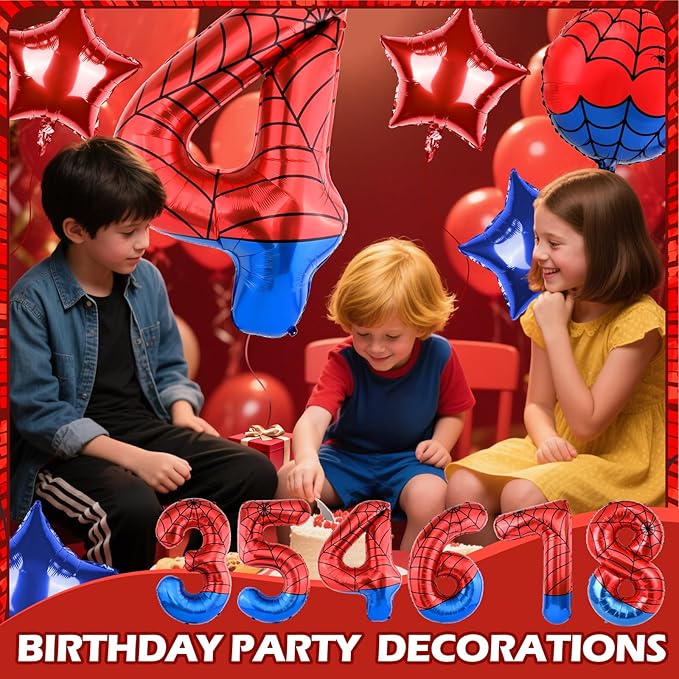 40 Inch Spider Theme Number Balloon, Number Block Foil Number 4 Balloons Large Big Numbers Helium Balloon for Girls Boys 4th Birthday Theme Party Decorations (Number 4)