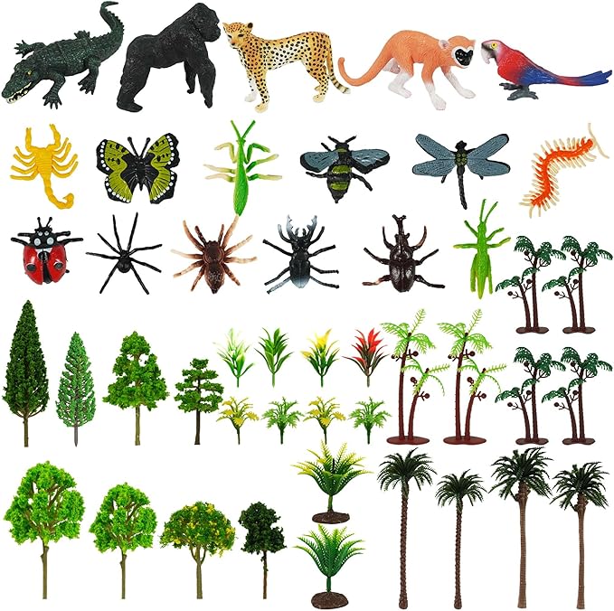 45 PCS Rainforest Animals Insect Figures Mixed Plastic Model Trees Forest for Rainforest Cake Topper Birthday Party Supplies Decorations