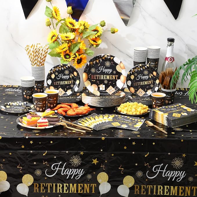 Zhehao 101 Pcs Retirement Party Tableware Set Black and Gold Happy Retirement Party Supplies Includes 50 Paper Plates, 50 Napkins and 1 Tablecloth for Men Women Say Goodbye
