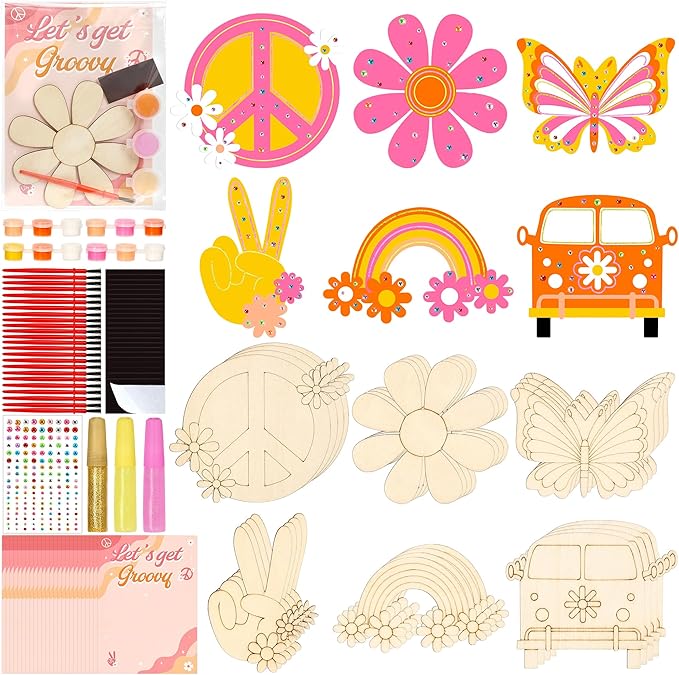 Bafeil 24 Sets Groovy Party Favors, DIY Wooden Painting Crafts Kit with Magnets, Retro Hippie Birthday Decorations, Retro Boho Themed Birthday Party Supplies Gifts Goodie Bags Stuffers Prizes
