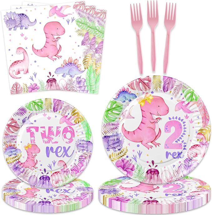 80 Pcs Watercolor Dinosaur 2nd Birthday Decorations 2 Rex Pink Dino Birthday Tableware Includes Plates, Forks, Napkins for Girls Roar I'm 2 Dinosaur Two Year Old Birthday Party Supplies Favors