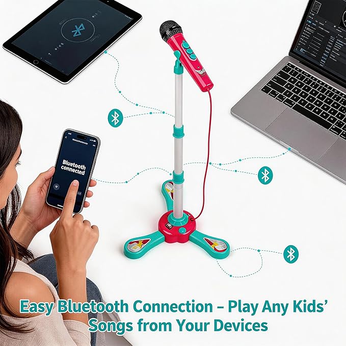 Kids Karaoke Machine with Stand - Adjustable Height,Kids Bluetooth Microphone, Rotating Stage Lights & 20 Dance Songs,Cheer & Clap Sounds for Immersive Stage Performance, Gift for Girls Boys Ages 3-5