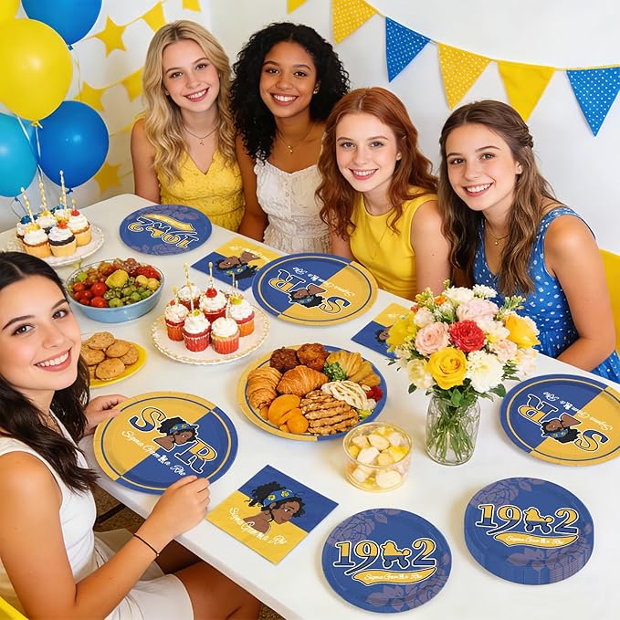96 Pcs Sigma Sorority Party Supplies Blue and Yellow Plates and Napkins Sorority Society Tableware Set for Girls Birthday Ramadan Graduations Party Supplies, Serves 24