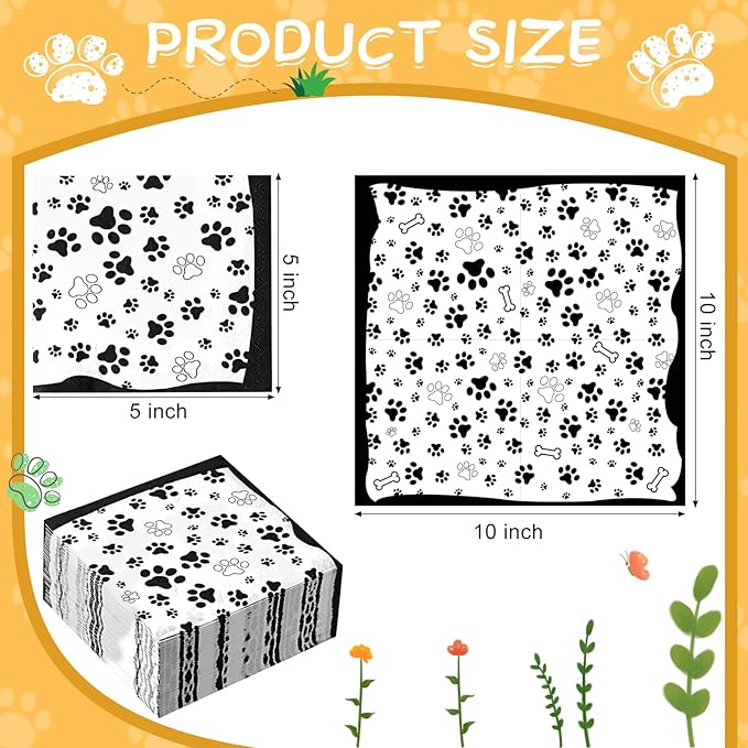 CHENGU 100 Pieces Paw Print Napkins 2 Layers Paw Print Party Supplies Farm Animal Party Napkins for Animal Themed Birthday Western Part, 5 x 5 Inch(Black)