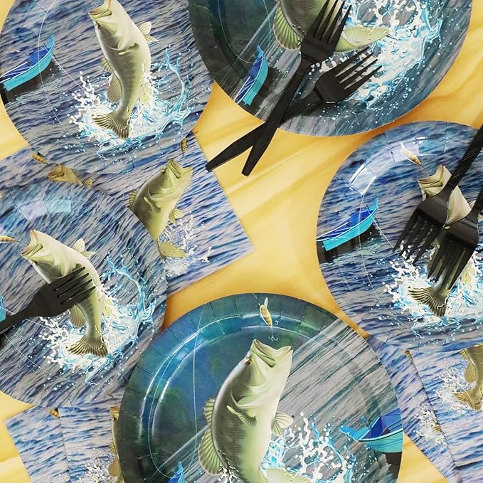 Gone Fishing Party Plates Napkins Gone Fishin' Dinnerware Fishing Themed Tableware for Fishin Tournament Birthday Disposable Paper Plates Napkins Party Decorations Supplies Favors 24 Guests