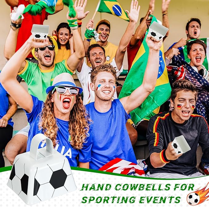 Landhoow 20 Pcs Soccer Cow Bells Noise Maker Metal Cowbell with Handle Novelty Hand Percussion Cowbells for Sporting Events Soccer Games Party Favors Soccer Supplies, 2.95 x 2.36 x 2.95 Inch