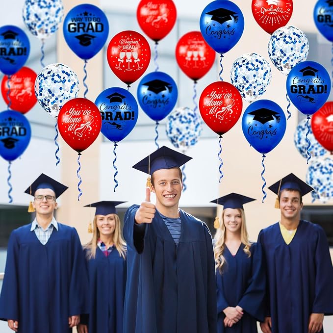 Whaline 60Pcs Graduation Party Balloon Set 7 Designs Confetti Latex Balloon with 2 Rolls Ribbon Class of 2025 Grad Cap Congrats Grad Balloon for Graduation Party Decoration Supplies (Blue, Red)