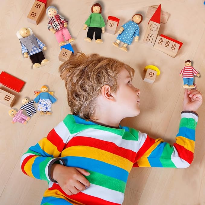 15 Pcs Wooden Dollhouse People with Movable Limbs, Doll House Family Figures for Educational Pretend Play