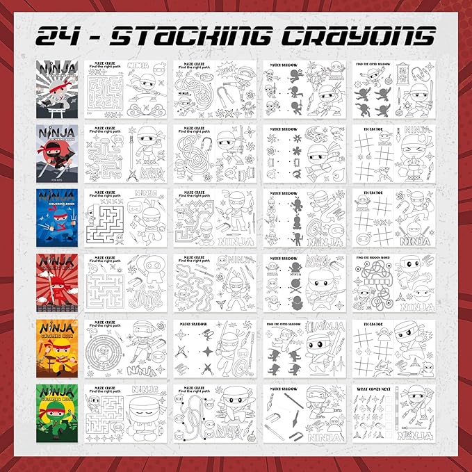 24 Ninja Coloring Book with 24 Stacking Crayons for Kid Mini Drawing Book Bulk Party Favor for Valentine‘s Day Party Supplies Goodie Bag Stuffer Carnival Prize Classroom Gift