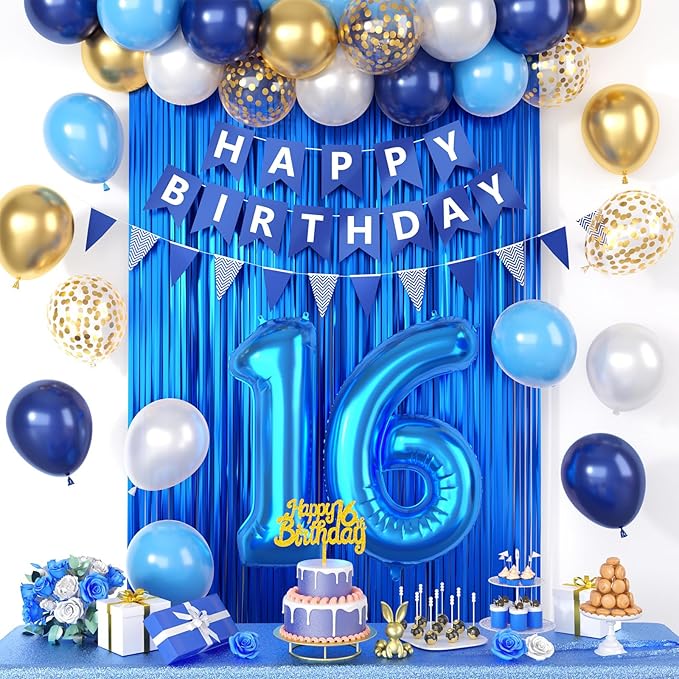 16th Birthday Decorations, Dark Happy Birthday Party Decorations With Number 16 Balloons Metallic Gold Pearl White Light Blue Fringe Curtain Banner Cake Topper For Boy Girl Party Supplies