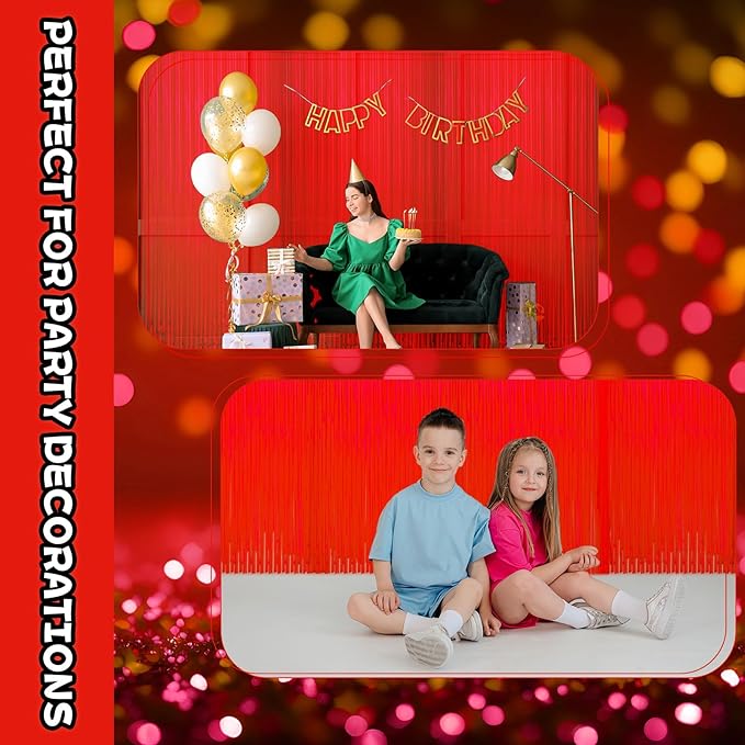2 Pack Glow in The Dark Curtains Party Supplies 6.6 x 3.3 Ft Glow Tinsel Foil Fringe Curtains Red Photo Booth Prop Backdrop Streamer for Birthday Holiday Neon Party Decoration