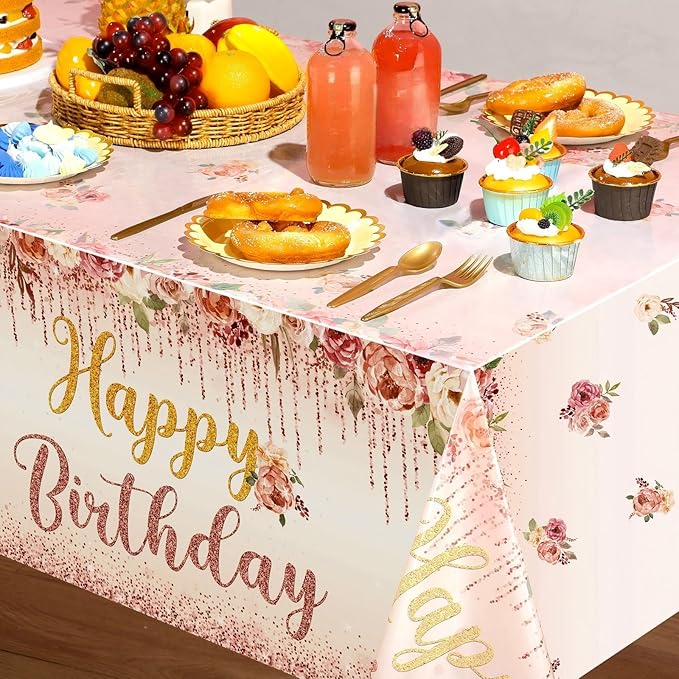 Tiamon 3 Pcs Happy Birthday Tablecloth Floral Table Cover Rose Gold Pink Disposable Plastic Decor for Girls Kids Baby Shower Party Supplies
