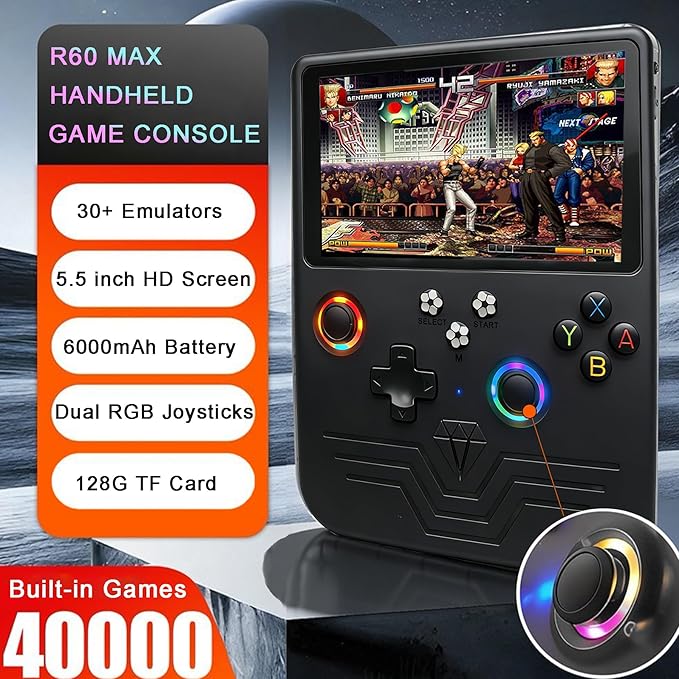 RegiisJoy R60 MAX 40000 in 1 Handheld Game Console, 5.5 Inch IPS Screen Retro Gaming Consoles Main Emulators, Portable Mini Pocket Arcade 6000mAh Battery,128G TF Card,RGB Joysticks Black