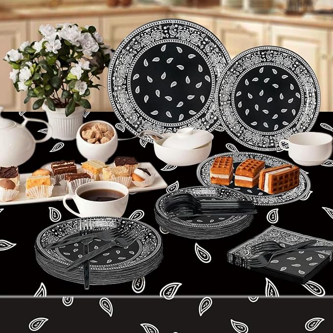 K1tpde 96PCS Cholo Bandana Party Tableware Set, Gangsta Theme Paper Plates, Western Cowboy Birthday Decorations Included Disposable Dinnerware Paper Napkins Forks, Cholo Bnadana Western Party Supplies