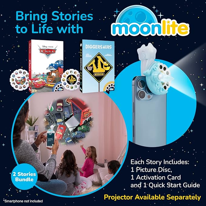 Moonlite Storytime 2-Story Bundle, Requires Moonlite Projector (Sold Separately), Cars and Diggersaurs, Vibrant Storybook Art Projections with Sound Effects & Music
