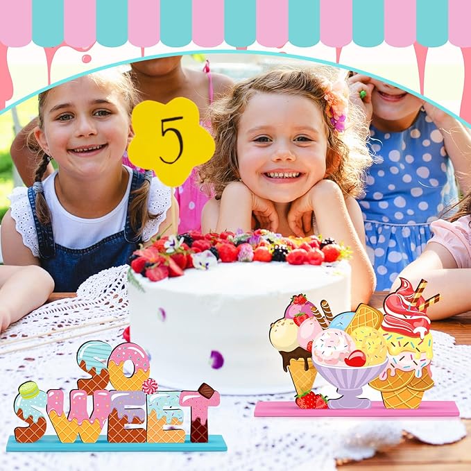 6 Pcs Ice Cream Table Wooden Decorations Ice Cream Sign Centerpiece Summer Home Decor Bar Party Decorations for Kids Birthday Party Summer Wedding Supplies