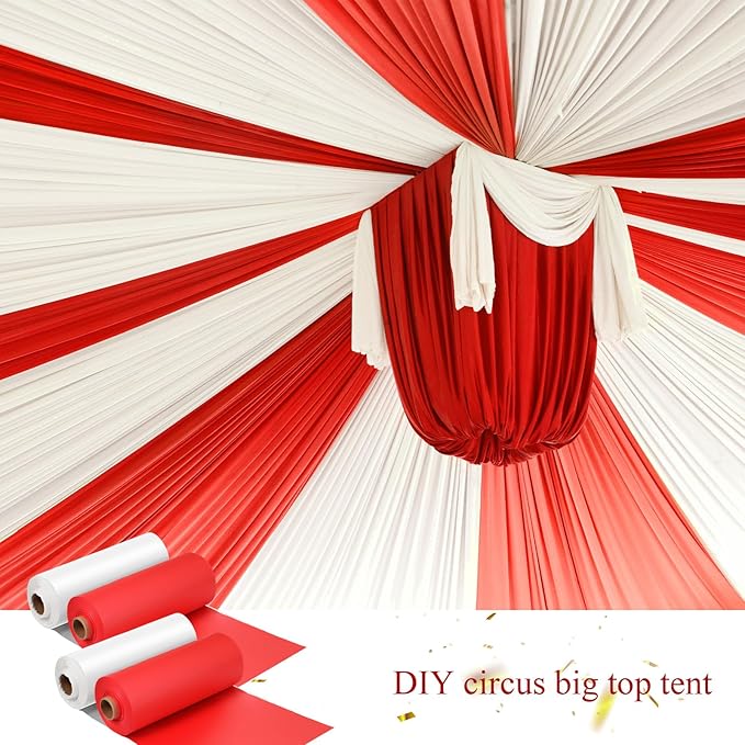 Moukeren 40'' x 100' Circus Tablecloth Roll Plastic Tablecloth Disposable DIY Carnival Tent Party Supplies for Big Top Tent Backdrop Curtains Ceiling Wall Drapes(White, Red,4 Roll)