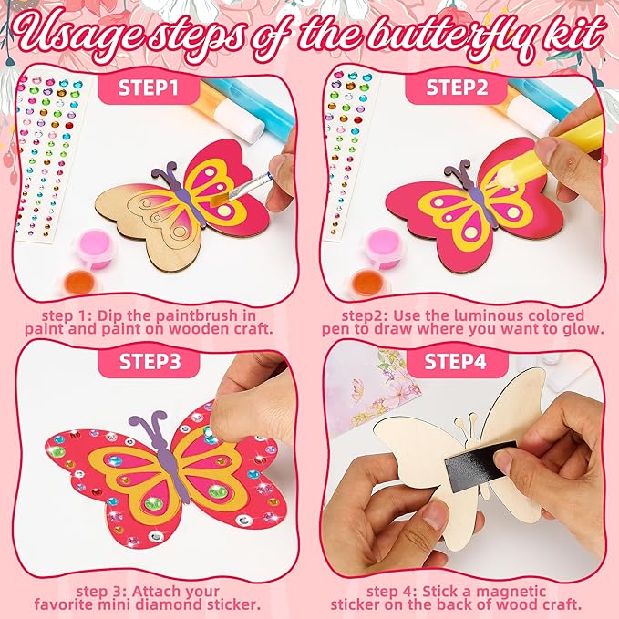 24 Pack Butterfly Party Favors - Non-Toxic Wooden DIY Butterflies Paint Craft - with Magnet Luminous Pen Diamond Sticker - Butterfly Birthday Party Supplies Goodie Bag Gift Prize for Kids Girl Toddler