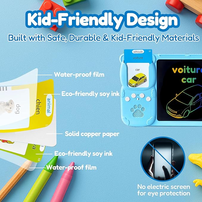 Drawing Tablet with Bilingual Flashcards for Kids - French English Talking Flash Cards, LCD Writing Pad Board, Pocket Speech for Toddlers, Learning Toy Gift for Boys Girls (French, Blue)