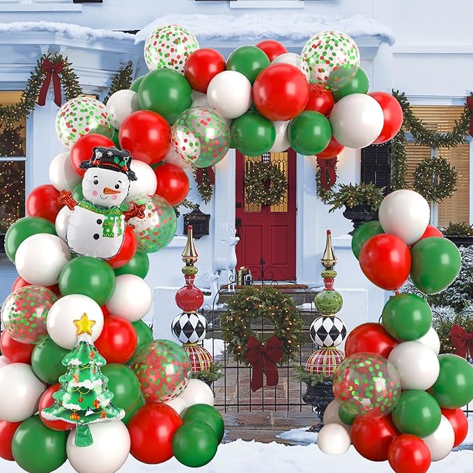 Christmas Balloon Garland Arch Kit Red Green White Latex Balloons Red Green Confetti Balloon with Mini Snowman Christmas Tree Foil Balloons for Xmas New Year Party Decortaion Supplies