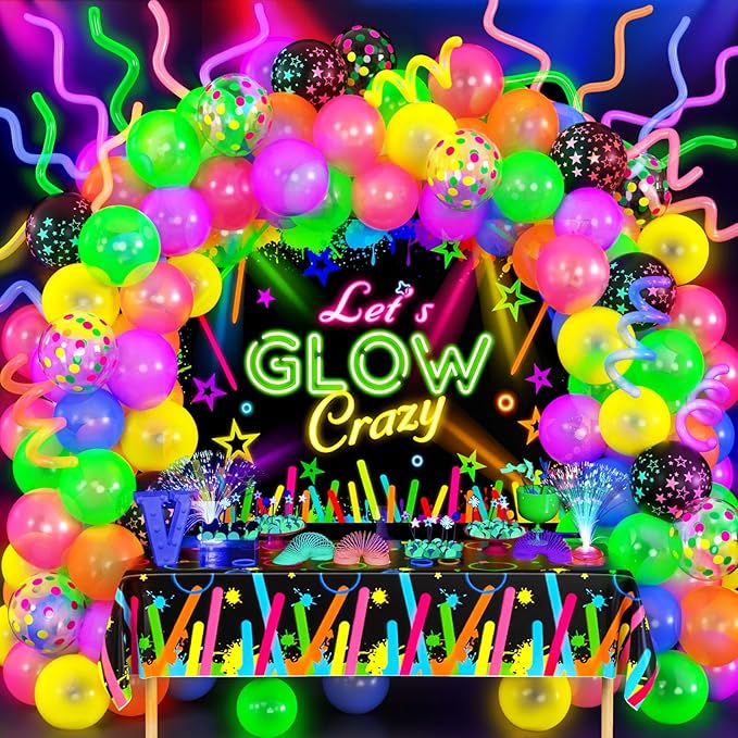 161Pcs Neon Party Decorations Glow in the Dark Birthday Supplies Neon Balloon Arch Kit & Backdrop Tablecloth UV Blacklight Luminous Glow Balloons Kids Teen Adult Rainbow 80s 90s Disco Party Decor