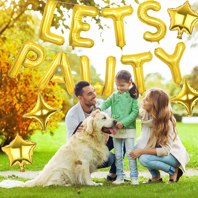 Lets Pawty Balloons Banner 16 Inch,Gold Dog Birthday Decorations with 4pcs 10 Inch Star Balloons,Paw Foil Letter Balloon for Dogs Paw Pet Puppy Theme Party Supplies
