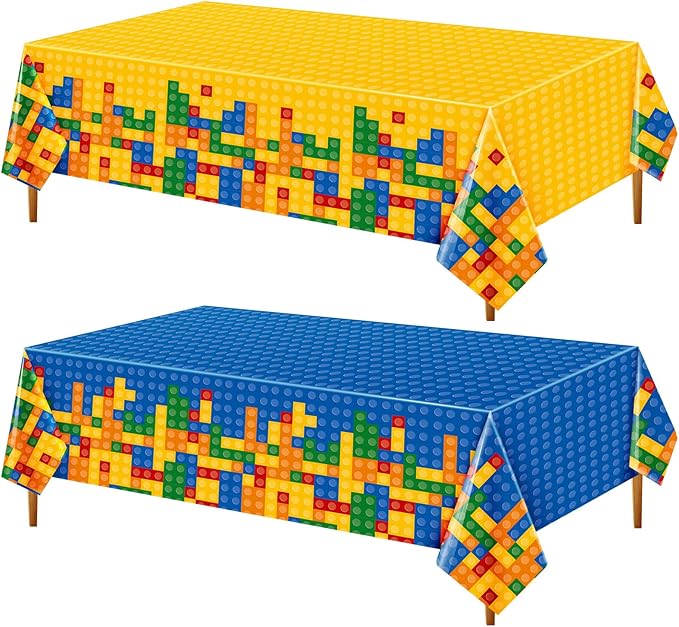 Oudain 2 Pcs Building Block Tablecloths Colorful Building Blocks Birthday Party Decorations 54 x 108 Inch Disposable Plastic Brick Table Cover Waterproof Brick Themed Party Supplies (Yellow,Blue)